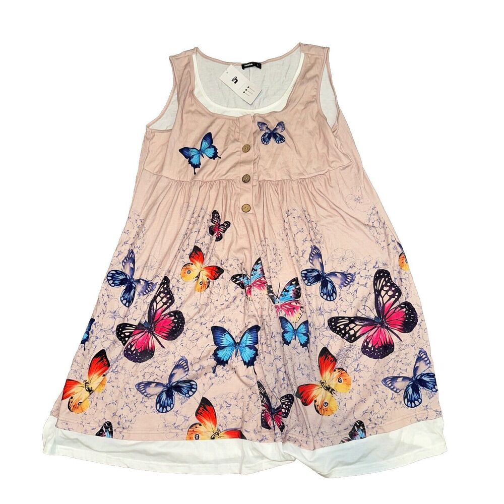 Hekka Womans Sleeveless Layer Look Butterfly Dress  Size L Multicolor NWT